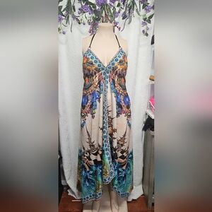 Blue and Brown Ruched Maxi Sundress